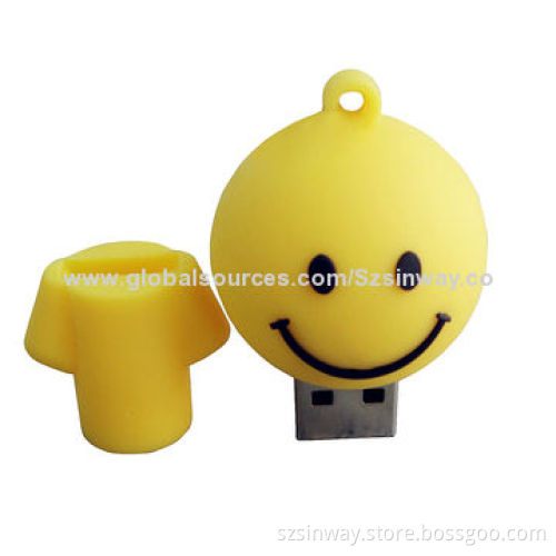 Rubber Smile Face Cartoon USB Flash Drive with 2 to 64GB Capacity, CE, RoHS, FCC Marks